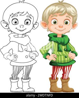 Strichgrafik und farbige Illustration eines glücklichen Elfs. Stock Vektor