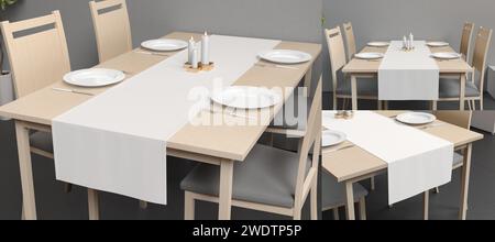 Leere weiße Tischläufer- und Schüsseln-Modell, Innenhintergrund, 3D-Rendering. Leere flache Stoffmatte zum Oberflächenschutz. Tablewa löschen Stockfoto