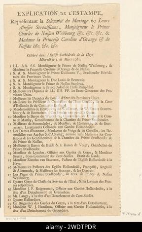 Textblatt zum Druck der Hochzeit von Karel Christiaan van Nassau-Weilburg mit Prinzessin Carolina, 1760, 1761 Textblatt Hälfte des Textblattes zum Druck der Hochzeitszeremonie von Karel Christiaan van Nassau-Weilburg mit Prinzessin Carolina, 5. März 1760. Nur die Erklärung der Zahlen 1-23 in französischer Sprache, ohne den Teil in niederländischer Sprache. Der Haager Buchdruck der Großen Kirche Stockfoto