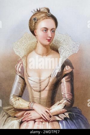 Anna von Dänemark, 1574-1619. Königin und Gemahlin von König Jakob I. von England, gestochen von W.H.Mote nach H.Warren, aus dem Buch The Queens of England, Volume II von Sydney Wilmot. Veröffentlicht in London um. 1890.", Historisch, digital restaurierte Reproduktion von einer Vorlage aus dem 19. Jahrhundert, Datum nicht angegeben Stockfoto