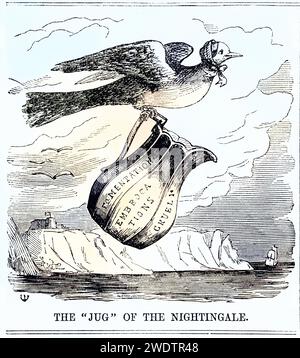 Florence Nightingale (12. Mai 1820-13. August 1910) war eine britische Krankenschwester, Statistikerin, Begünderin der modernen westlichen Krankenpflege, die zu Hilfe der britischen Truppen auf der Krim flog. Aus Punch, London, 1854. Holzstich., historisch, digital restaurierte Reproduktion von einer Vorlage aus dem 19. Jahrhundert, Datum nicht angegeben Stockfoto