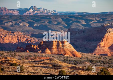 Sonnenaufgangslicht auf den North Teepees, Navajo Sandsteinformationen in North Coyote Buttes, Vermilion Cliffs National Monument, Arizona. Stockfoto