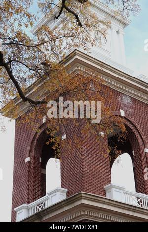 Uhrenturm mit Gesimsen und Bögen im Herbstlaub Stockfoto