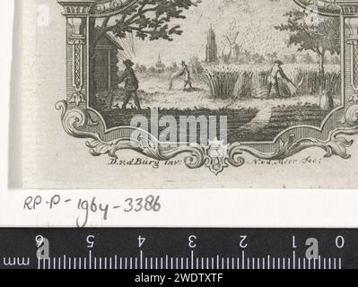 Mäher, Noah van der Meer (II), nach Dirk van der Burg, 1751–1822 drucken Ein Bauer mähen das Getreide mit einer Sichel. Ein Turm und eine Mühle am Horizont. Rechts regnet es, links scheint die Sonne. Leiden Papier zum Ätzen von Getreide, Getreide, Mais (Gras mit Körnern, angebaut für Lebensmittel, z. B.: Weizen, Reis, Roggen, Hafer, Mais, Buchweizen, Hirse) (+ Arbeiter  Handwerk, Industrie, Landwirtschaft). Ernte. Regen. Windmühle in der Landschaft Stockfoto