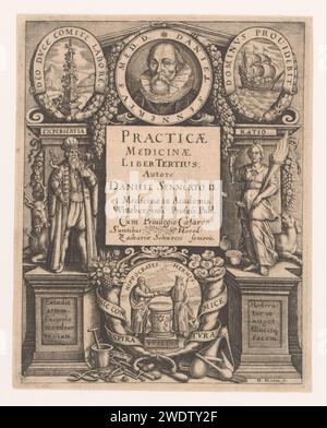 Architektonischer Rahmen mit Porträt von Daniel Sennert und Allegorien, Matthäus Merian (I), 1631 Druck in der Mitte eines Porträts von Daniel Sennert, flankiert von Allegorien über Wissen und Erfahrung. Unten schütteln Hippokrates und Hermes die Hände mit dem Altar der Hygieia. Wittenberger Papierstich Titelseite (+ Bekanntgabe der Forschungsergebnisse). Erfahrung, Meisterschaft; 'Esperienza' (Ripa) (+bekleidet). Argumentation (+ abstraktes Konzept, dargestellt durch weibliche Figur) Stockfoto