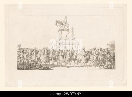 Einweihung der Statue von Ludwig XV. Mit einer Prozession von Reitern, die um die Statue fahren, Augustin de Saint-Aubin, 1766 Druckpapier Radierung / Gravur Reiterstatue Stockfoto