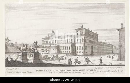 Piazza en Palazzo del Quirinale Te Rome, Giovanni Battista Fonda, 1665 Print Ansicht der Piazza del Quirinal auf dem Quirinal-Hügel in Rom mit dem Palazzo del Quirinal und dem Fontana di Monte Cavallo (Fontein mit Castor und Pollux). Erläuternde Nummernliste bei STUDMARGE. Der Ausdruck ist Teil eines Albums. Printmacher: RomeAfter eigenes Design von: Romepublisher: RomeVaticaanstadItalienRom Papier mit Blick auf die Stadt und Landschaft mit künstlichen Konstruktionen. Straße. Hôtel, also kleiner Palast in der Stadt. palace Quirinaal. Palazzo del Quirinale. Piazza del Quirinale. Monte Cavallo Brunnen Stockfoto