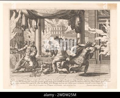 Jupiter verwandelt König Lycaon in einen Wolf, Jean Lepautre, 1650–1682 Druckverlag: ParisFrance Papierätzung Lycaon in einen Wolf: Jupiter verwandelt Lycaon in einen Wolf als Strafe dafür, dass er dem Gott, der am Tisch sitzt, Menschenfleisch zum Essen opfert; Lycaons Haus wird von Blitzen getroffen (Ovid, Metamorphoses I 237) Stockfoto