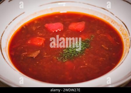 Ukrainischer Borscht ist eine saure Suppe, die aus Fleischbrühe, Gemüse und Gewürzen hergestellt wird, die in Osteuropa und Nordasien verbreitet ist Stockfoto