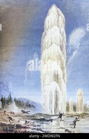 Ausbruch des Giantess Geysir im Yellowstone Nationalpark in den 1870er Jahren. Aus American Pictures gezeichnet mit Pen and Pencil von Rev Samuel Manning um 1880, Vereinigte Staaten, Amerika, Historisch, digital restaurierte Reproduktion von einer Vorlage aus dem 19. Jahrhundert, Datum nicht angegeben Stockfoto