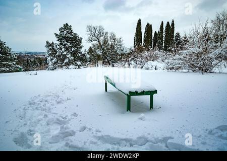 Eine mit Schnee bedeckte Bank im Park, Januar Tag Stockfoto