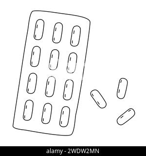 Ovale Tabletten, Lutschtabletten oder Pillen in Blisterpackung, Kälte- und Grippebehandlung, Doodle-Stil flache Vektor-Umrissillustration für Kinder Malbuch Stock Vektor