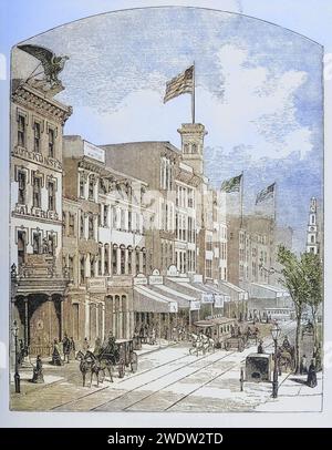 Arch Street Philadelphia Pennsylvania in den 1870er Jahren. Aus American Pictures gezeichnet mit Pen and Pencil von Rev Samuel Manning um 1880, Vereinigte Staaten, Amerika, Historisch, digital restaurierte Reproduktion von einer Vorlage aus dem 19. Jahrhundert, Datum nicht angegeben Stockfoto