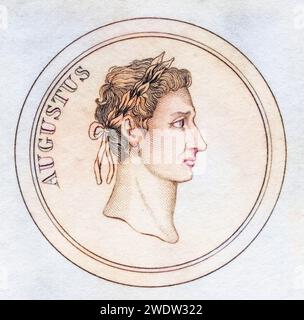 Augustus, geboren als Gaius Octavius Thurinus, bekannt als Gaius Julius Caesar Octavianus 63 v. Chr. - 14 n. Chr. Erste Kaiser des Römischen Reiches aus dem Buch Crabbs Historical Dictionary, veröffentlicht 1825, Historisch, digital restaurierte Reproduktion von einer Vorlage aus dem 19. Jahrhundert, Datum nicht angegeben Stockfoto