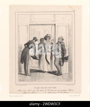 Karikatur eines Mannes, der widerwillig den cleveren Cousin seiner Frau, Frédéric Bouchot, empfängt 1837 Print Ein Paar gibt eine Party und empfängt einen jungen Offizier an der Tür, der ein Cousin der Frau ist. Der Mann, ein Soldat, der höher ist als der Cousin, sagt, er will seinen Gast gehen lassen. In der Zwischenzeit denkt er jedoch daran, seinen Rivalen nach Französisch-Ostindien zu schicken. Paris-Papierbeziehungen zwischen den Geschlechtern. Empfang, Cocktailparty. Satire über die Ehe Stockfoto