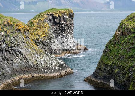 Basaltklippen entlang der zerklüfteten Küste von Arnarstapi Island Stockfoto