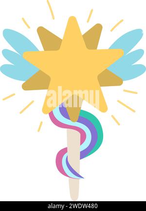 Vektor-Einhorn oder Feen Zauberstab mit Sternen, Flügeln, Regenbogenband. Niedliches Fantasy World Element. Assistent-Stick-Symbol. Märchenhafte Dekoration für Karten isol Stock Vektor