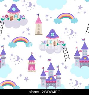 Nahtloses Vektor-Muster mit Einhornschloss, Feenhaus auf Wolke, Türme. Wiederholen Sie den Hintergrund mit Märchenhäusern, Regenbogen, Sternen, Mond. Fantasy-Welt Stock Vektor