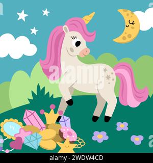 Vektorquadratischer Hintergrund mit Einhorn auf grünem Feld mit Schätzen unter Wolken, Sternen, Mond. Magie- oder Fantasy-Welt-Szene. Märchenlandschaft für c Stock Vektor