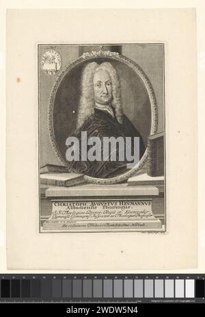 Porträt van Christoph August Heumann, Michael Rössler, 1715 - 1777 Druck Nürnberger Papierstich historischer Personen. Abstrakte Ideen und Konzepte (+ emblematische Darstellung des Konzepts). Buch Stockfoto