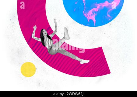 Horizontales kreatives Poster mit surrealer Fotocollage mit funky junger Frau, die auf dem Boden liegt Lachen mit erhobenen Händen und Beinen im Urlaub Stockfoto