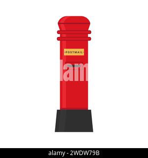 Vektorflaches rotes Postfach, öffentliche und private Adresse klassische Postbox, goldene Platte. Briefkasten oder Ständerbox mit Steckplatz für British Royal Mail Service Stock Vektor