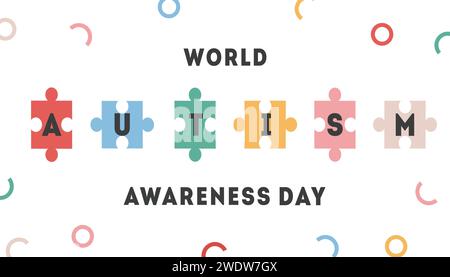 Banner Zum Internationalen Autismus-Tag. Bunte Puzzleteile. Stichsägenmosaik als Symbol eines Kindes mit Autismus-Störung. Medizinisches Konzept. Kampagne für Stock Vektor