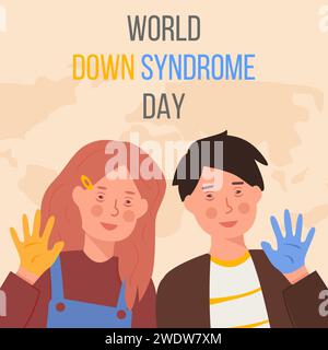 Tag des Worlddown-Syndroms am 21. März. Glückliches lächelndes Mädchen und Junge mit Down-Syndrom und gelb-blau bemalten Händen. Trisomie 21, genetische Störung conc Stock Vektor