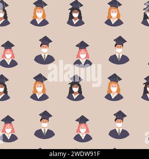 Nahtloses Muster eines Avatars mit multiethnischen Studenten in akademischem Kleid und Mütze. Pupillengraduierung bei pandemischen Tragen medizinischer Gesichtsmasken Stock Vektor