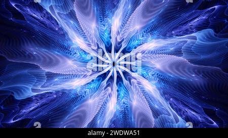 Blau leuchtende Quantenteilchen fraktal im Raum, computergenerierter abstrakter Hintergrund, 3D-Rendering Stockfoto