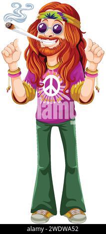 Cartoon Hippie mit Friedenszeichen und Rauch. Stock Vektor