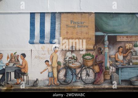 Die Dokumentation des Wandgemäldes des Künstlers Yip Yew Chong zeigt seine Kindheitserinnerungen und den Lebensstil der vergangenen Kultur in Singapur. 2024. Stockfoto