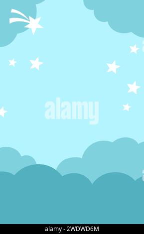 Vektorblauer abstrakter Hintergrund mit Wolken und Sternen. Magie- oder Fantasy-Szene mit Platz für Text. Niedliche märchenhafte vertikale Naturlandschaft für Stock Vektor