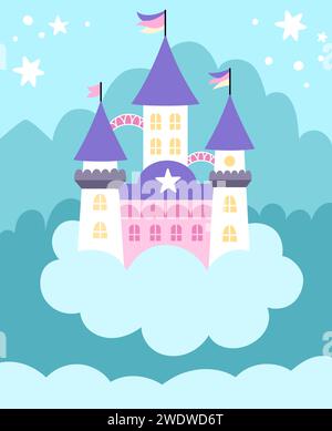 Vektorblauer abstrakter Hintergrund mit Einhornschloss, Wolken, Sternen. Magie- oder Fantasy-Szene mit Platz für Text. Niedliche märchenhafte vertikale Natur l Stock Vektor
