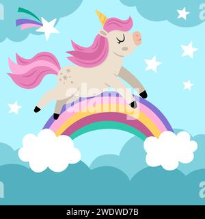 Vektor-quadratischer Hintergrund mit Einhorn, das über dem Regenbogen unter dem Nachthimmel läuft. Magie- oder Fantasy-Welt-Szene. Märchenlandschaft für Karte, Post, Buh Stock Vektor