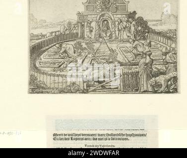 Allegory über die Unzuverlässigkeit Spaniens und die Freiheit und das Wohlergehen der sieben Provinzen: Der niederländische Garten, Willem Pietersz Buytewech, 1615 Druck Allegory über die Unzuverlässigkeit Spaniens und die Freiheit und das Wohlergehen der sieben Provinzen, vorgeschlagen mit dem niederländischen Garten. Druck für ein Flugblatt Merckt de Wysheyt Vermaert Vandt Hollantsche Huyshouwen und Siet des Luypaerts Aert, dem man nicht trauen kann. Zwei Fragmente der Broschüre sind auf dem Set-up-Karton festgeklebt. Niederlande Papierätzung Stockfoto