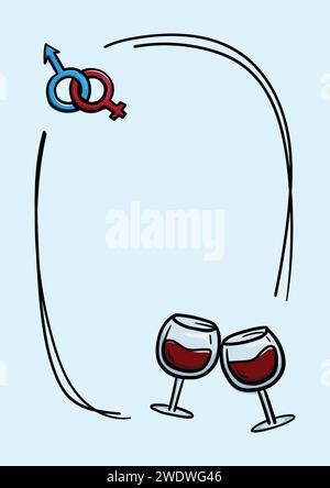 Valentinstag Kartenhintergrund mit zwei Gläsern Wein, Geschlechtssymbolen und Rahmen für Text Stock Vektor