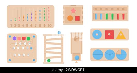 Vektor-Set von beschäftigten Brett-Montessori-Spielen. Umweltfreundliches Logikspielzeug für Kinder im Vorschulalter aus Holz. Sammlung verschiedener ökologischer Puzzles aus n Stock Vektor