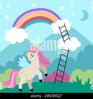 Vektor-quadratischer Hintergrund mit Einhorn auf grünem Feld mit Leitern auf Wolken zum Regenbogen. Magie- oder Fantasy-Welt-Szene. Märchenlandschaft für Karte, po Stock Vektor