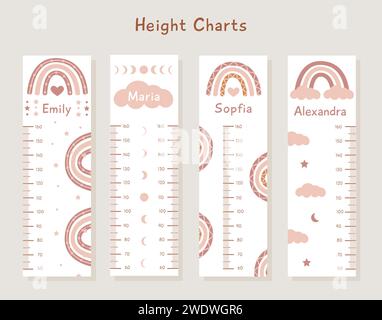Vektorsatz von Kinderhöhenkarten mit abstrakten Boho-Regenbögen und Wolken in Terrakotta-Farben. Messgerätewand mit trendigem Design. Wachstumsdiagramm für Kinder. Bo Stock Vektor