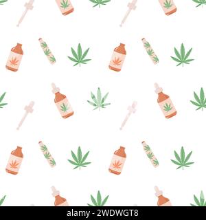 Nahtloses CBD-Öl-Muster in Pastellfarben. Hanföl Tropfer, Walze und grüne Cannabis Blätter Vektor Hintergrund. Natürliches Heilmittel, Marihuana für die Medizin Stock Vektor