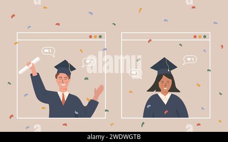Studenten, die Online-Abschlussfeier und Videochat veranstalten, um den Studienabschluss zu feiern. Mann und Frau in akademischem Gewand und Mütze, die online diskutieren Stock Vektor