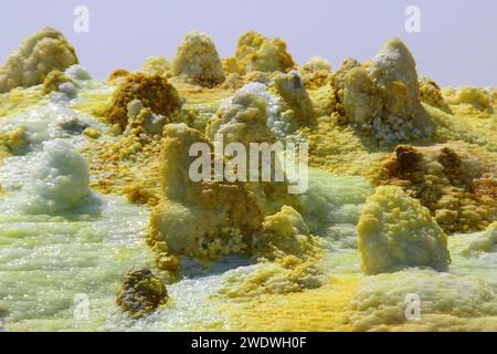 Die farbenfrohe Landschaft der grünen Säureteiche im Krater des Dallol-Vulkans die Danakil-Wüste (oder Afar-Wüste) ist eine Wüste im Nordosten Äthiopiens im Süden Stockfoto