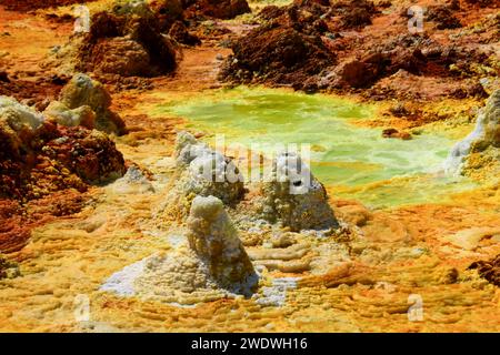 Die farbenfrohe Landschaft der grünen Säureteiche im Krater des Dallol-Vulkans die Danakil-Wüste (oder Afar-Wüste) ist eine Wüste im Nordosten Äthiopiens im Süden Stockfoto