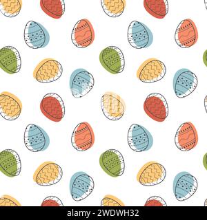 Nahtloses Muster mit verzierten Ostereiern auf weißem Hintergrund. Festliches, trendiges geometrisches Muster mit schwarzer Linie. Illustration des abgewickelten Vektors Stock Vektor