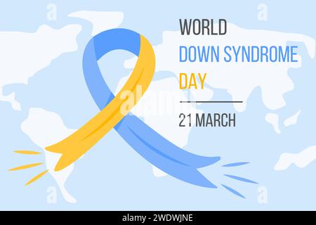 Web-Banner, Poster oder Karte zum Tag des World Down Syndroms. Blaues und gelbes Band und Weltkarte auf Hintergrund. Symbol der genetischen Krankheit. Zusätzliches Chromosom. V Stock Vektor
