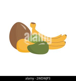 Zusammensetzung tropischer Früchte. Typische asiatische Sommerprodukte. Köstliche frische, reife exotische Bio-Kokos, Bananen und Mango auf weißem Hintergrund. Mod Stock Vektor