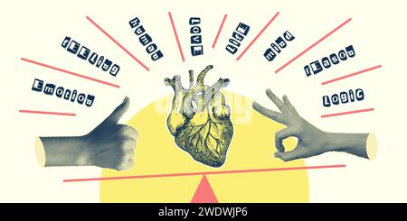 Concept Heart vs. Brain. Collage-Poster im Vintage-Design. Symbole für psychische Gesundheit und emotionales Wohlbefinden. Mind-Heart Balance handgezeichnete Grafik. Halb Stock Vektor