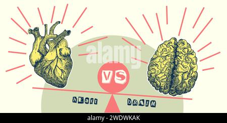 Concept Heart vs. Brain. Collage-Poster im Vintage-Design. Symbole für psychische Gesundheit und emotionales Wohlbefinden. Mind-Heart Balance handgezeichnete Grafik. Halb Stock Vektor