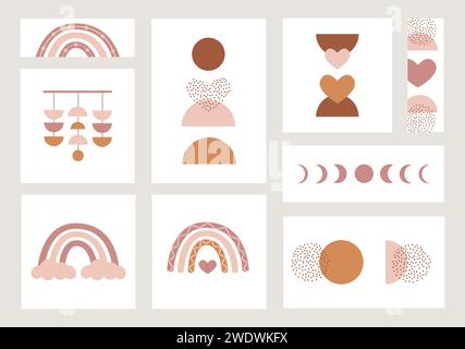 Set aus Postern in verschiedenen Größen mit Boho-Regenbögen und abstraktem zeitgenössischem ästhetischem Hintergrund mit geometrischen Balanceformen. Erdtöne, Terrakotta Stock Vektor